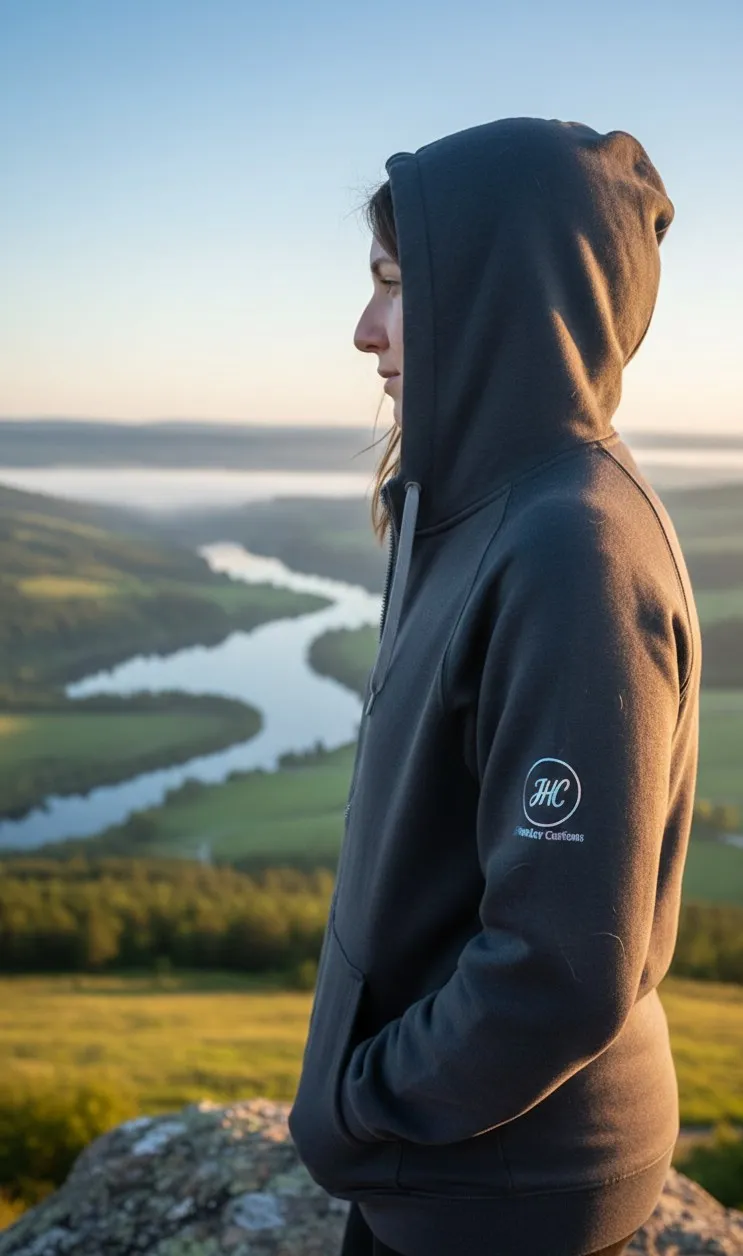 Person wearing dark gray hoodie with JHC logo on sleeve